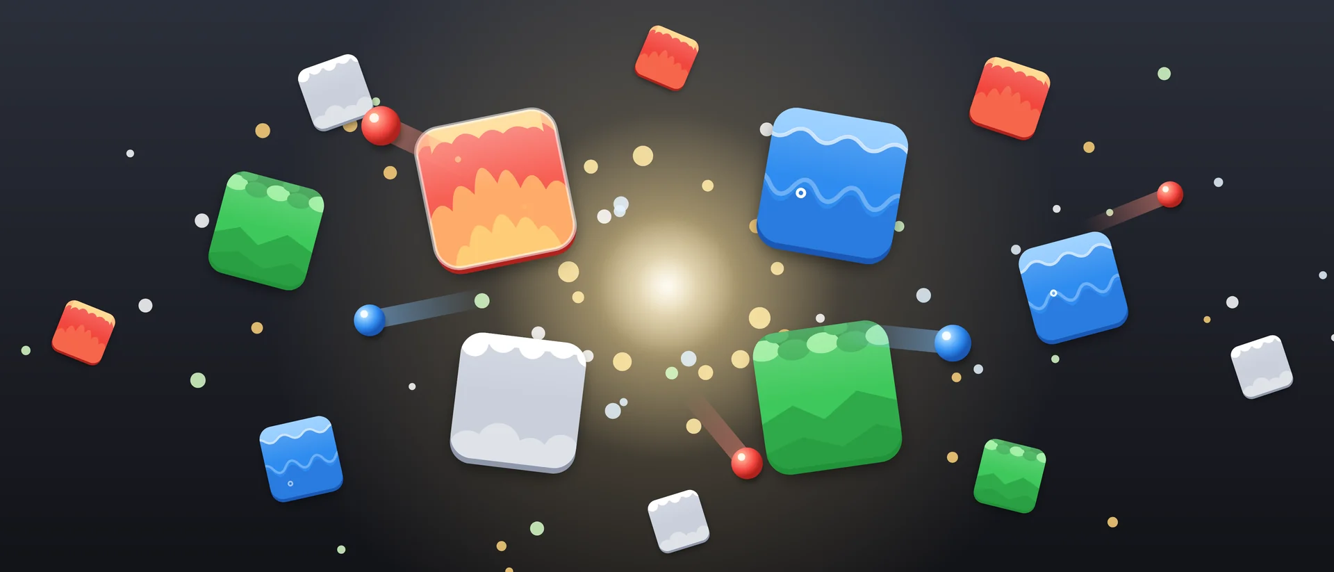 Fire, water, earth and air blocks bursting outward from a golden chain reaction, with marbles streaking away.